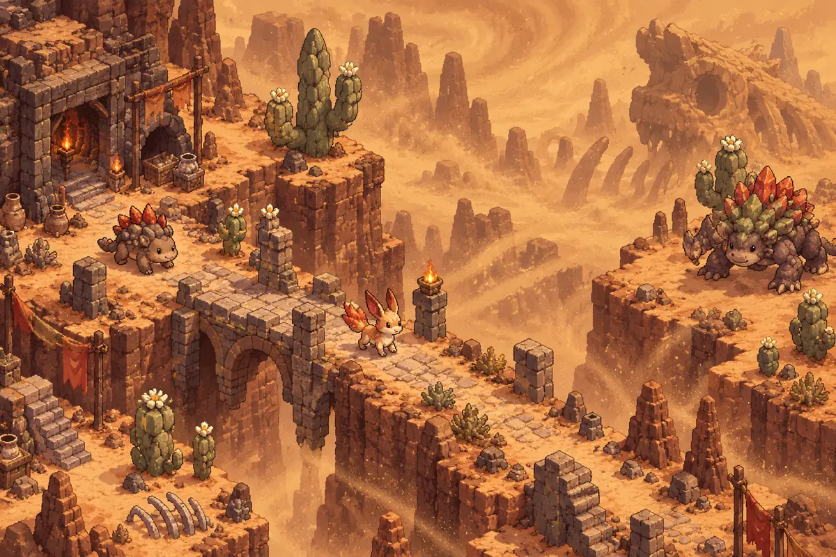 Pixel-art rocky desert canyon under a storm sky; concept illustration, not a gameplay screenshot