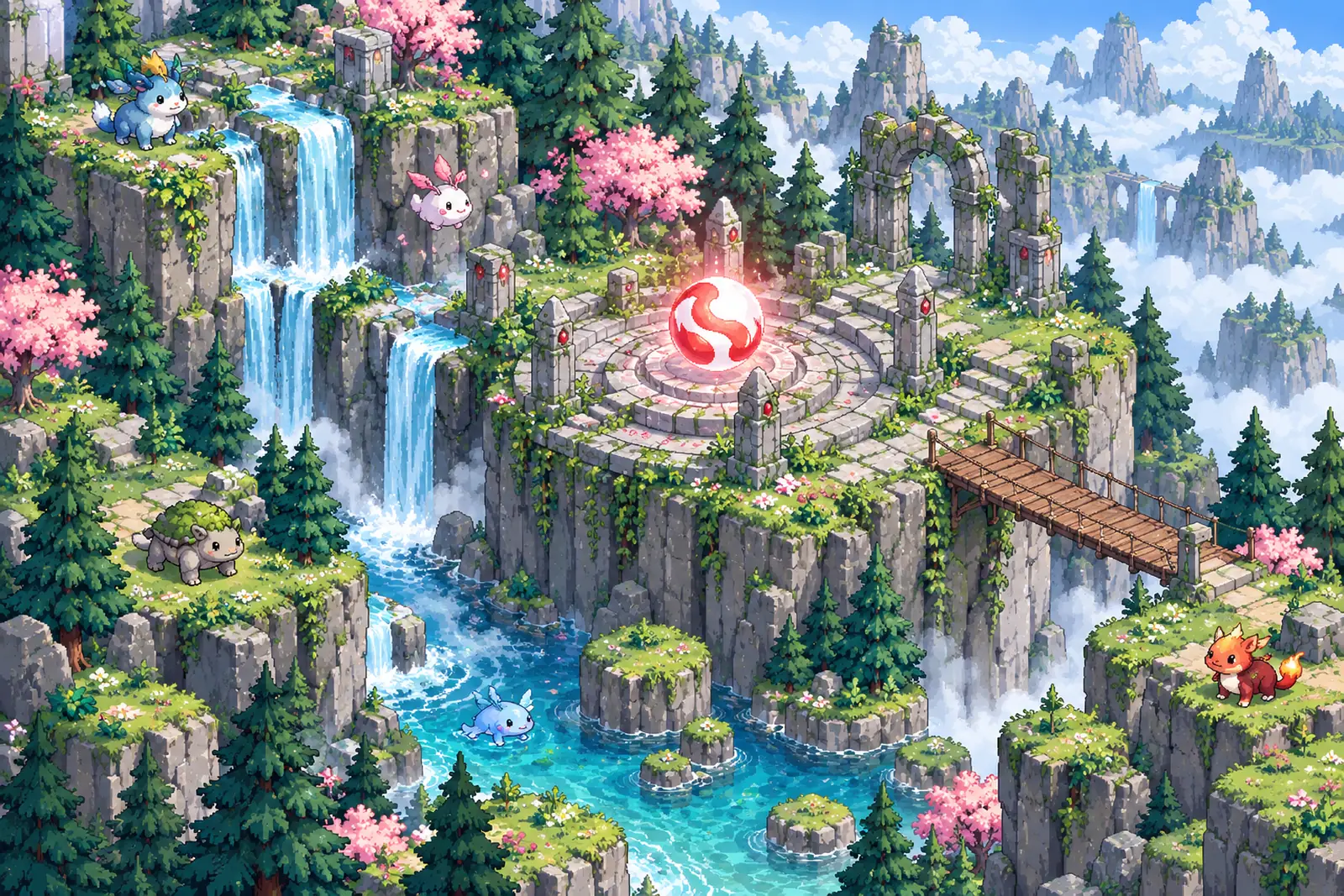 Pixel-art forest plateau and glowing ball on a stone altar; concept illustration, not a gameplay screenshot