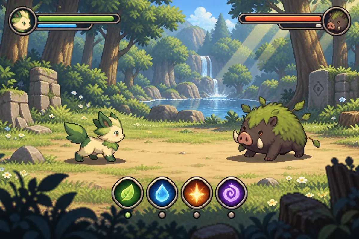 Illustrated battle HUD over a forest clearing; concept illustration, not a gameplay screenshot