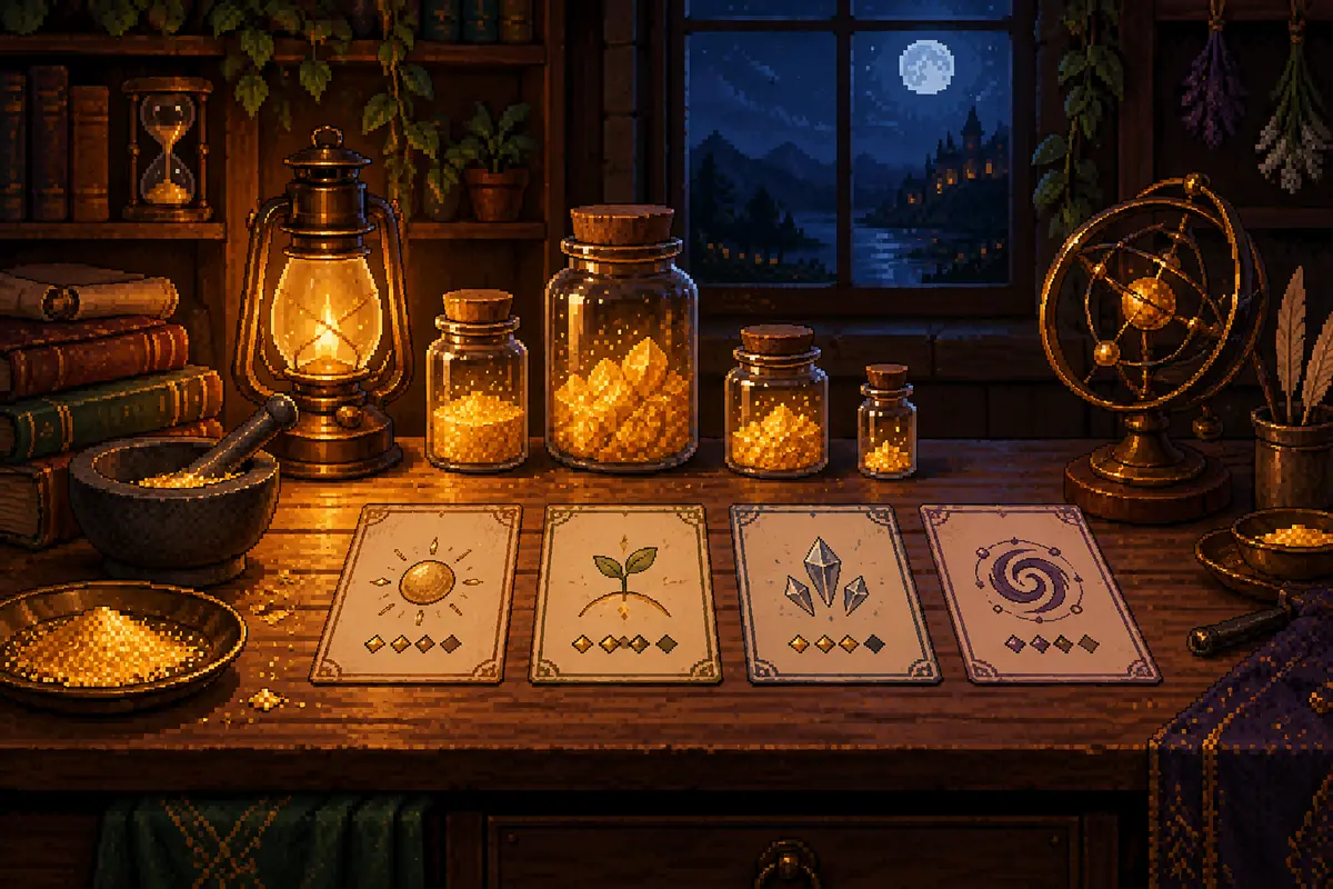 Illustrated laboratory bench with glowing dust and upgrade cards; not a gameplay screenshot